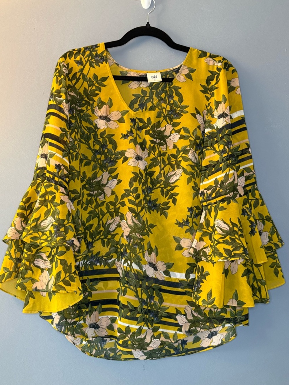 CAbi Yellow Floral V-Neck Ruffle Sleeve Blouse